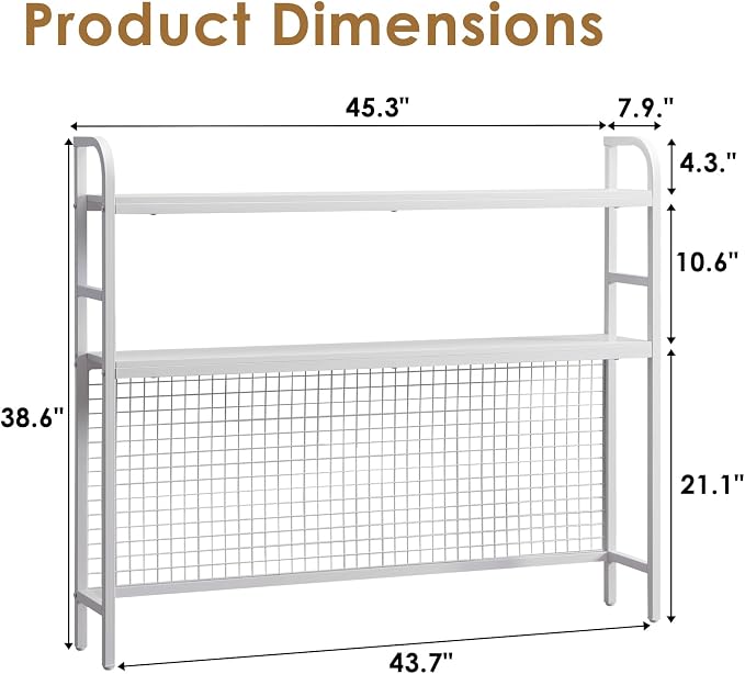 Desktop Hutch Shelf Organizer, 2-Tier Metal & MDF Desk Bookshelf with Grid Panel and Hooks for Office & Dorm (White, 45.3")