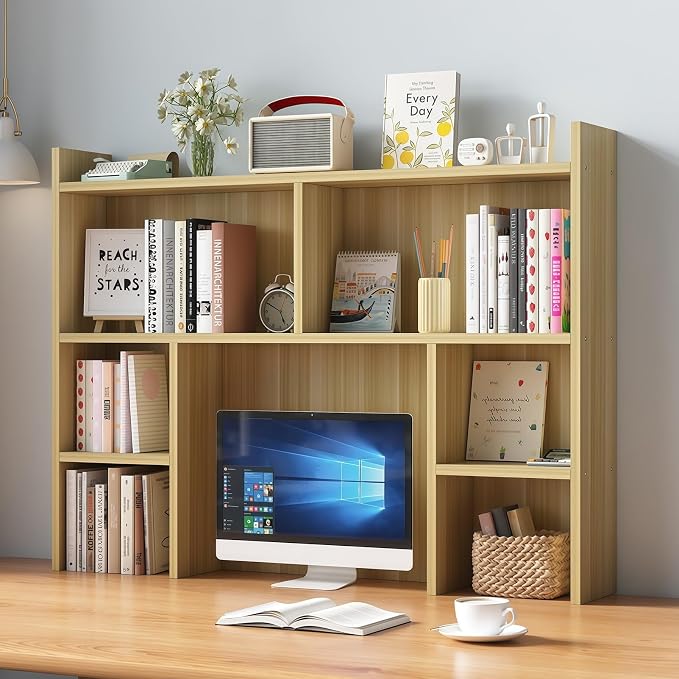 Desk Hutch Dorm, Desktop Bookshelf Organizer, Multifunctional Wooden Shelf Rack with Storage for Dorm Room, Office, Study, Space-Saving Design(Light Walnut,47.2x7.8x35.4in)