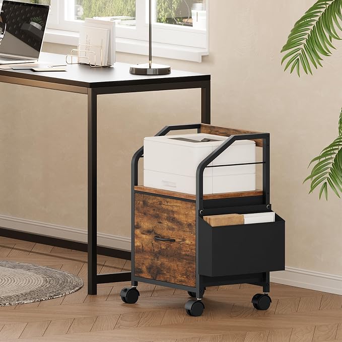 MAHANCRIS Small File Cabinet, Rolling Filing Cabinet for Under Desk with Divider, Single Non-Woven Fabric Drawer File Organizer for A4/Letter Size Documents, Under Desk Storage, Rustic Brown FCHR3001