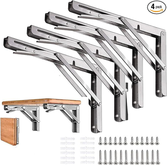 Folding Shelf Brackets 20 inch 4 Pcs Max. Load 440lb - Heavy Duty Stainless Steel DIY Wall Mounted Collapsible Shelf Brackets, Space Saving for Garage Workstation, Stuff Supports, Table, Workbench