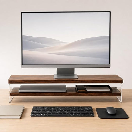 2-Tier Acrylic Monitor Stand Riser with Storage Shelf, Dark Walnut Wood Desk Organizer for Makeup, Keyboard & Desk Accessories, Aesthetic Monitor Riser for Home Office & Vanity