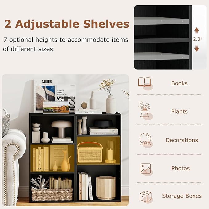 3 Shelf Bookshelf, 31.5” Small Bookcase with 2 Adjustable Shelves, Wooden Bookshelves and Bookcases, Modern Display Shelf, 3 Cube Storage Organizer for Home Office Bedroom (Black)