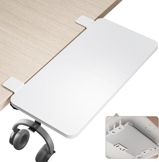 PEGZONE Desk Extender Tray, 24" x 12" Clamp On Shelf, Desk Extension with Laptop Holder, Table Arm Rest, Keyboard Tray for Office and Home, Workstation Organizer, Medium, White