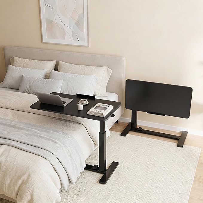 DUMOS Adjustable Overbed Bedside Table with Hidden Wheels, Mobile Standing Desk with Pneumatic Lift, Portable Computer Workstation Cart for Bed, Couch, Office, Sofa, Black