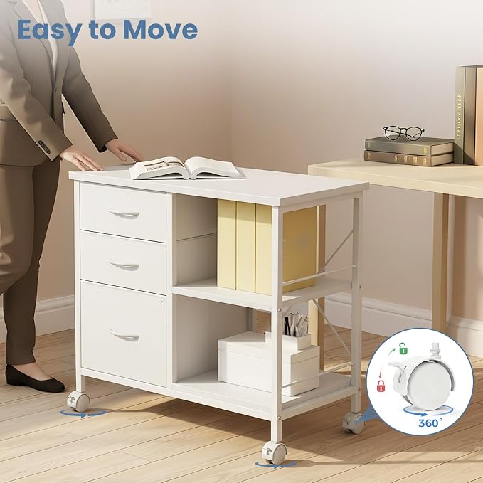 OLIXIS 3-Tier Printer Stand with Fabric Storage Drawer, Rolling Printer Cart with Lockable Wheels and Metal Frame, Under Desk Table with Open Storage Shelf for Small Spaces, Home, Office, White