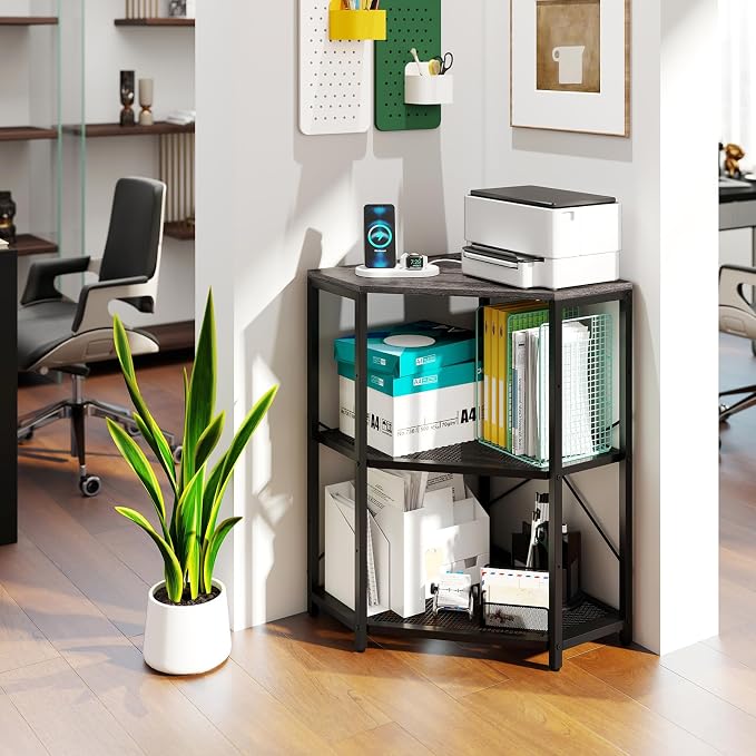 Tangkula Corner Printer Stand with Power Outlet, 3-Tier Storage Rack with Adjustable Metal Mesh Shelf, Freestanding Corner Table Computer Tower Holder for Home Office Living Room (Grey & Black)