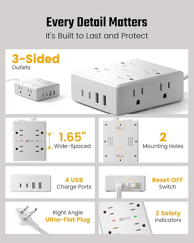 15Ft Long Extension Cord, Surge Protector Power Strip with 8 Outlets & 4 USB Ports (2 USB C), Flat Plug Power Strip Wall Mountable, Desk Charging Station for Home Office, College Dorm Room Essentials