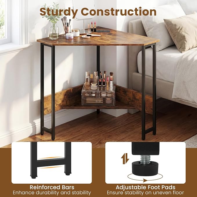 Giantex Corner Desk with Charging Station, 90° Triangle Computer Desk with Storage Shelf, Industrial Compact Writing Desk with Metal Frame for Home Office, Small Spaces & Bedroom, Rustic Brown