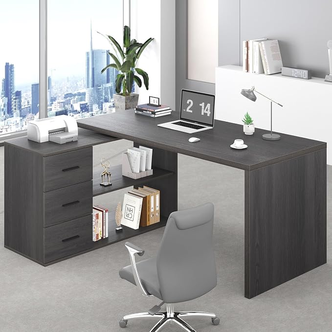 HSH L Shaped Computer Desk with Drawers, L Shaped Desk with Storage Cabinet Shelves, Large Reversible Corner Executive Home Office Desk, Industrial Wood Work Writing Study Table Workstation,Gray 60 In
