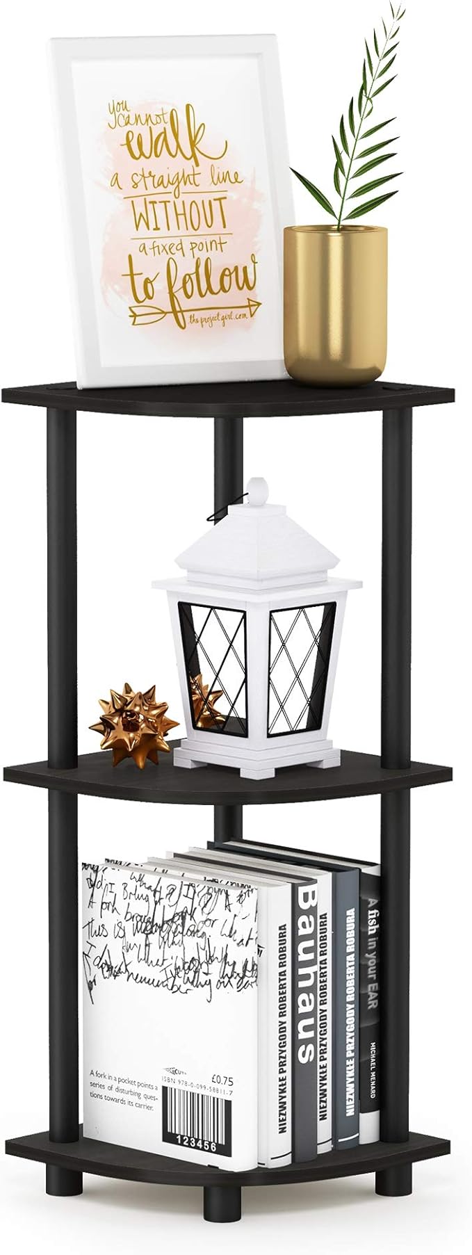 Furinno Turn-N-Tube Toolless Assembly 3-Tier Corner Shelf, Black Corner Book Shelf, Open Shelves Bookshelf, for Organization and Storage, Living Room, Home Office, Bedroom, Black Espresso