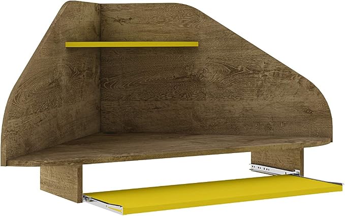 Manhattan Comfort Bradley Corner Floating Desk with Shelves & Gliding Keyboard Drawers, Wall Mounted Table for Small Spaces, Home Office and Bedroom, Mid Century Modern Design, Rustic Brown/Yellow