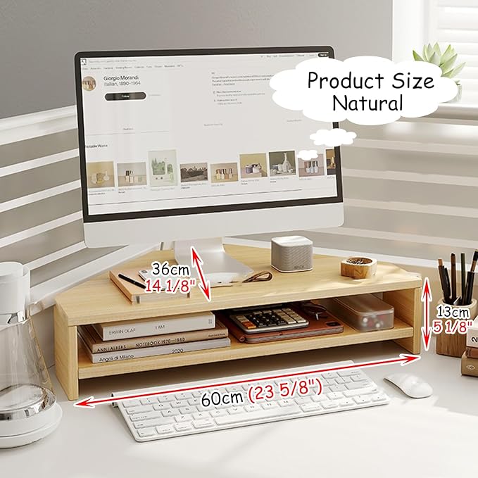 Corner Monitor Stand Wood Cut Triangle Corner Computer Stand, Desk Corner Monitor Riser with Storage Keyboard ＆ Mouse, Screen Stand Office Workspace Organizer ( Color : Natural , Size : H-13cm(5 1/8")