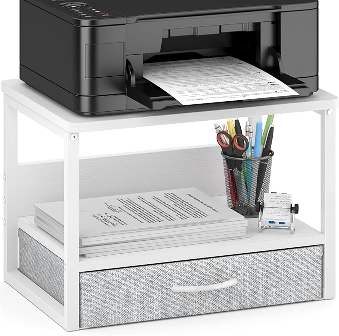 MARTY Printer Stand with Storage Drawer for Desk, 2-Tier Desktop Printer Stand Shelf Organzier for Home Office Printer Riser Under Desk Small Printer Table for Fax Machine Copier Scanner (White)