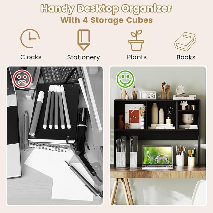 Giantex Desktop Bookshelf, Countertop Storage Hutch with 4 Shelves for Computer Desk, Dressing Tabletop Display Rack, Multipurpose Desk Hutch Storage Organizer for Home Office Dorm (Black)