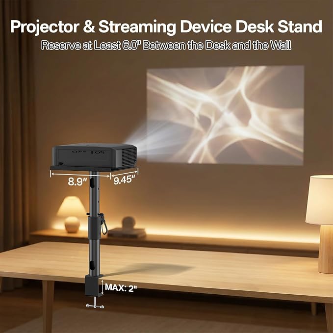 Height/Tilt/Swivel Adjustable Desktop Projector Stand Table for Aurzen Nebula XGIMI VANKYO Jinhoo AuKing Epson and Most Projectors - Desk Projector Stand Clamp on Desktop Wr Headphone Holder, Single