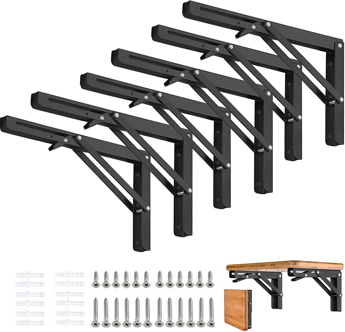 Folding Shelf Brackets - 16 Inch 6 Packs Heavy Duty Metal Collapsible Shelf Bracket, DIY Wall Mounted Foldable Shelf Bracket, Space Saving for Bench Table