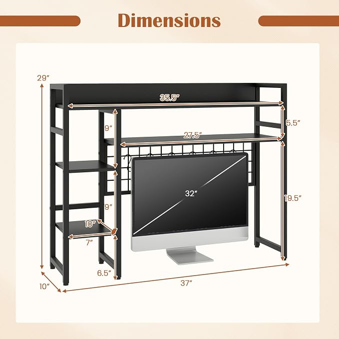 Giantex Desktop Bookshelf, 37" Desk Shelf for Up to 32" Computer Monitors, 4 Tier Desktop Display Shelves with Grid Panel, 6 Movable Hooks, Anti-tip Device, Desk Hutch for Home Office Dorm (Black)