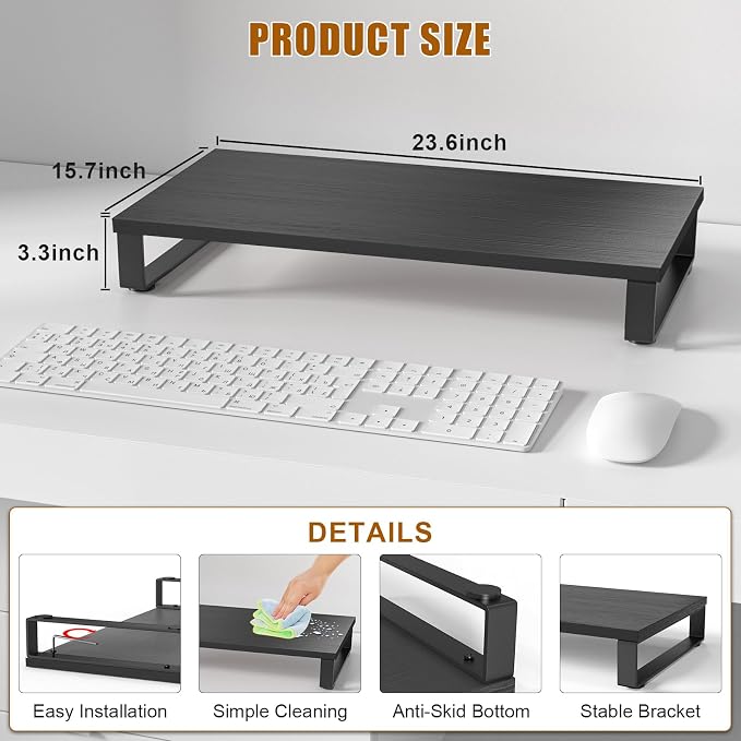 XINYAO Wood Monitor Stand Riser for Desk, 24x12x3 inch, Black | Sturdy wooden & steel computer monitor riser; ergonomic height reduces neck strain; Organizer for Office Laptop, PC, Printer