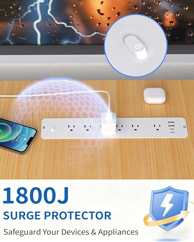 Recessed Power Strip, Flush Mount Power Strip with USB Ports, PD 20W USB C Fast Charging, 6 FT Extension Cord Surge Protector with1800J, Furniture Hidden Outlet for Side Table, End Table