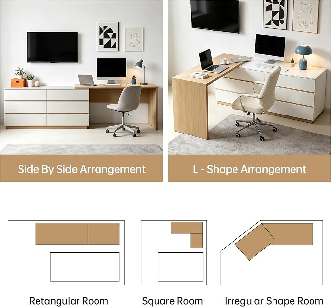 Retractable L-Corner Computer Desk with 6 Organizer Drawers for Games, Make-up, Home Office, Log