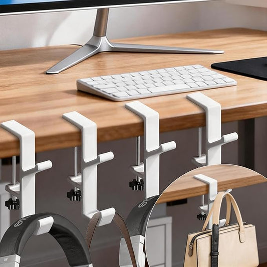 Desk Mount Bag Holder Hook Clamp,On Backpack Hanger Portable Desk Mount Headphones Holder for Reduce Desk Clutter Table Desk Table Hanging Storage (4 Pcs-Double Hook White)
