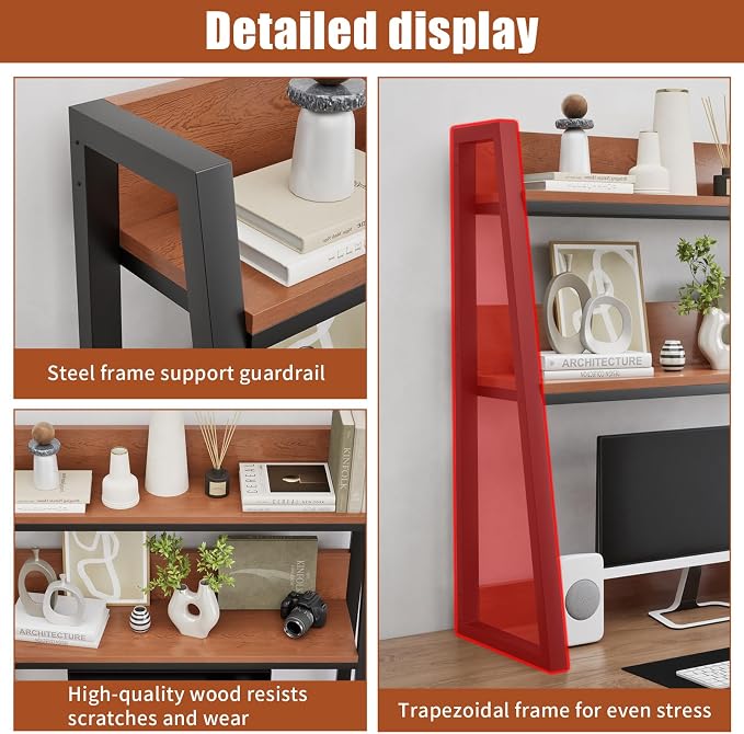 AQQHSAIN Desktop Hutch Shelf 2-Tier Ladder Bookshelf Computer Bookcase Wooden Desktop Display Rack Multipurpose Desk Hutch Top Only for Home Office Dorm Use (Brown, 55CM)