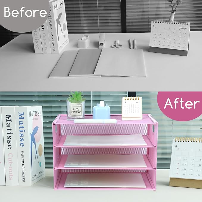 3 Tier Lettrer Tray Organizer, Metal Mesh Desk File Organizer with Sliding Trays, Paper Sorter Desk Organizer for Home Office School, Pink