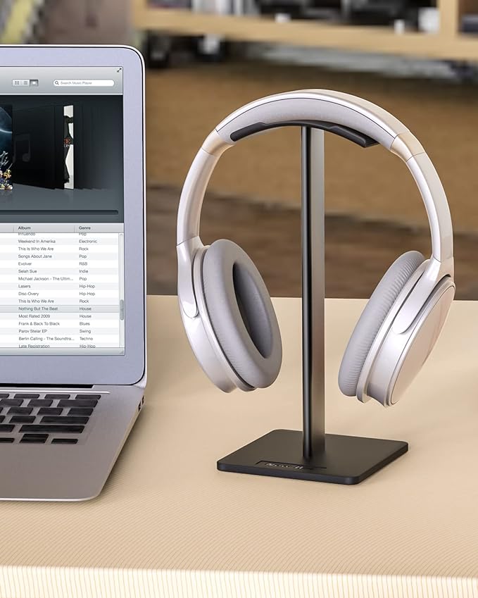 New Bee Headphone Stand Headset Holder Earphone Stand with Aluminum Supporting Bar Flexible Headrest ABS Solid Base for All Headphones Size (Black)