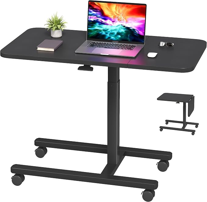 Homkdom C Shaped Table with Wheels, Side End Table with Extended Desktop, Adjustable Rolling Desk for Small Space, Dorm, Height Adjustment (29.5"-44"), Black