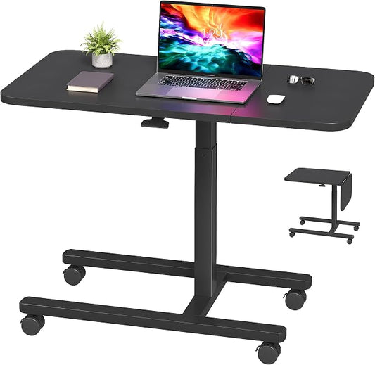 Homkdom C Shaped Table with Wheels, Side End Table with Extended Desktop, Adjustable Rolling Desk for Small Space, Dorm, Height Adjustment (29.5"-44"), Black