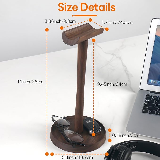 Wood Headphone Stand Headset Stand for Deak Universal Headphone Holder with Storgae Base Handcrafted Desk Organizer for Gaming Headsets(Black Walnut)