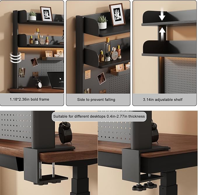 Clamp on Desk Shelf with Pegboard, Black Desktop Bookshelf Organizer Storage Shelves for Home Office Dorm Gaming Desk, Space Saving Tabletop Display Rack Organization (Black, 39.3in)