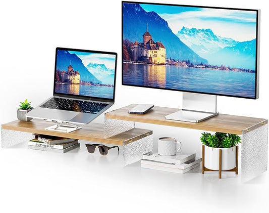 Adjustable Monitor Stand Riser with Acrylic Legs丨7.67" Wide Dual Monitor Stand for Desk丨2-Tier Wood Desktop Organizer for Computer, Laptop, Printer & PC丨Modern Aesthetic Desk Shelf(wood-glacial striae)