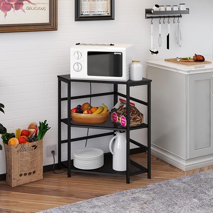 VEDECASA Corner Printer Stand Table with Power Outlet Charging Plugs USB Port Adjustable Storage Shelf Computer Tower CPU Stand Holder for Home Office (Black)
