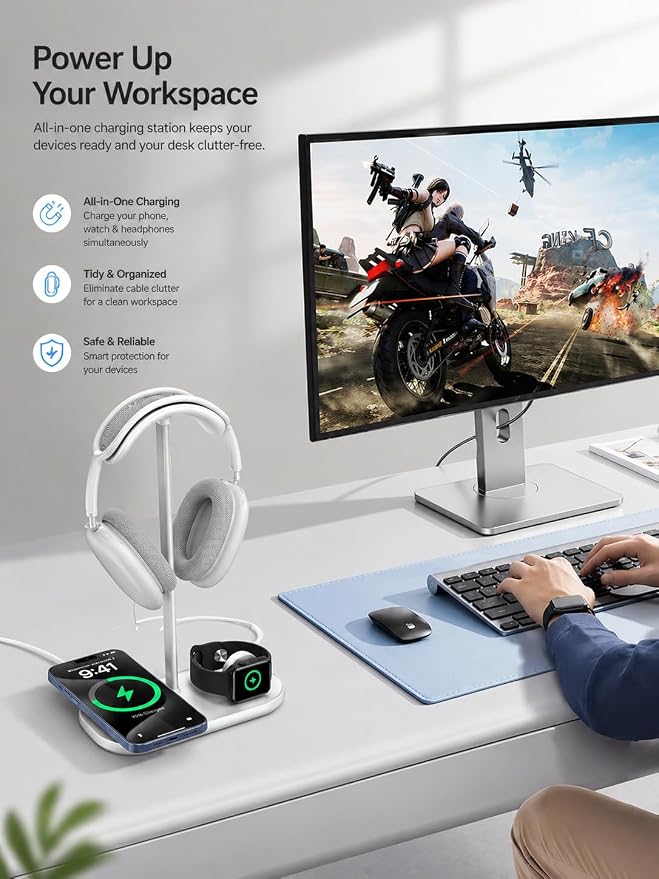 TopMade Airpod Max Charger Stand with 15W Wireless Charger, 4 in 1 Headphone Stand Headset Holder for AirPods Max/Pro/iWatch/Vision Pro, iPhone 17/16/15/14/13/12/11/X for Desktop Gaming Holder, White