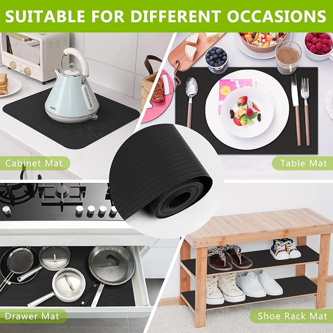 Shelf Drawer Liner for Kitchen Cabinets, Durable Pantry Shelving Liners for Tool Box Closet Refrigerator Non Stick Waterproof Plastic Cabinet Protector Liners Mat Washable, Black 17.5 x 157.5 inches
