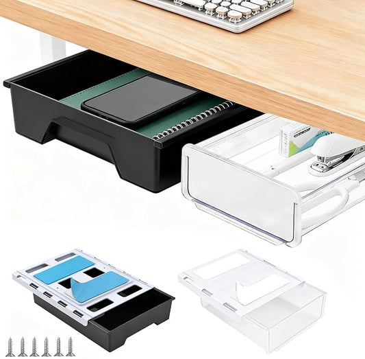 2 Pack Under Desk Drawer Organizer, Self Adhesive Hidden Drawer Storage, Slide Out Desk Organizer, Space Saving Pencil & Accessories Organizer, Under Table Storage for Home Office & School, Black