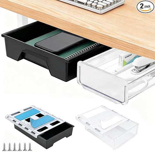 2 Pair Super Capacity 11.85 "x 8.9" Under Desk Drawer Hidden Strorage Drawer Self-Adhesive Slide Out with Smooth Gliding Motion - Attachable & Space-Saving Under Desk Organizer with Screw Kit, Black