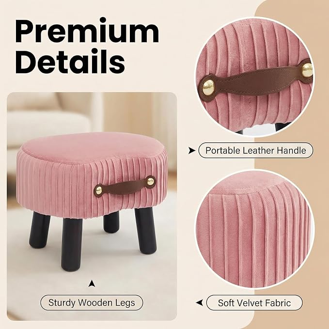 Foot Stools Small, Ottomon with Handle, Velvet Footrest Ottoman | Curved Foot Stool with Padded Seat Wooden Legs, Portable Foot Rest for Living Room, Bedroom, Entryway (Pink)