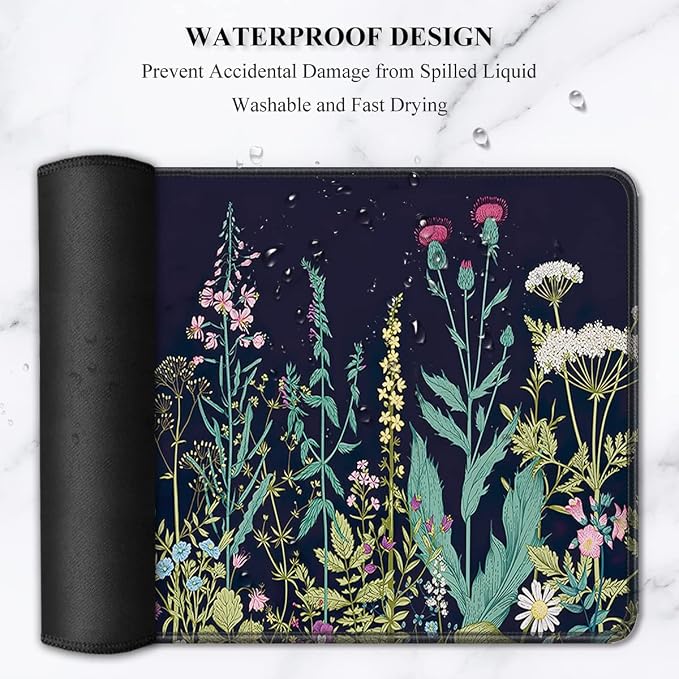 Auhoahsil Desk Pad, XL Extended Large Gaming Mouse Pad 31.5 x 11.8 Inch, Waterproof Mousepad with Stitched Edges, Non-Slip Computer Keyboard Laptop Mat for Women Men Office Work, Silent Night Flowers