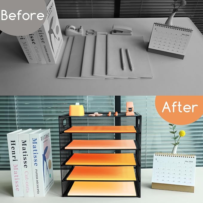 5-Tier Paper Letter Tray Organizer with File Holder，Paper Sorter Desk Organizer Metal mesh Desk Tray for Home Office School