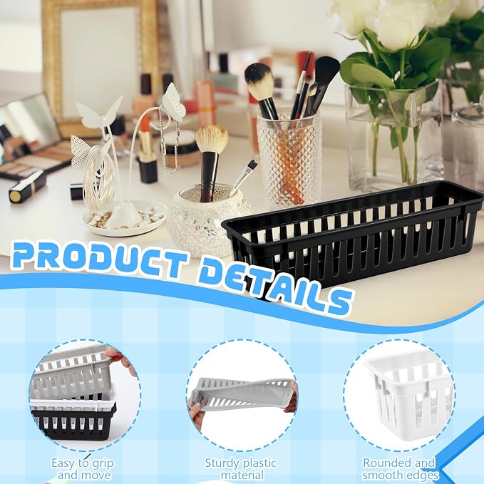 12 Pcs Black,White,Gray Slim Plastic Storage Baskets Tray 10 x 3 x 2.5 Inch Compact Stackable Desk Organizer for Office, Classroom, School Supplies, and Home Storage, Organization(Black,White,Gray)