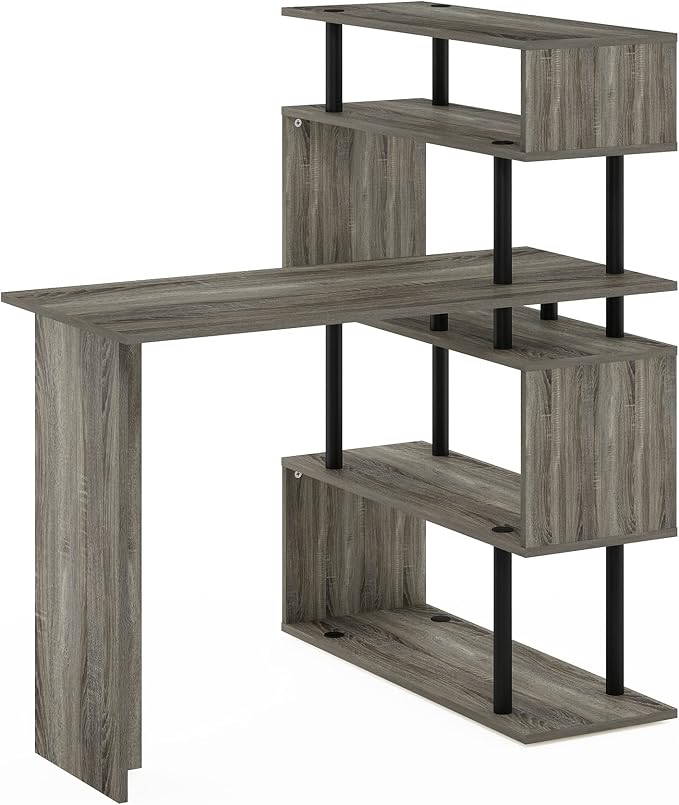 Furinno Classic Desk, 40" Wide L-Shape Gaming Desk, Computer Desk, Writing Desk with 5-Tier S-Shaped Side Shelves for Home Office, Study Room, Dorm, Bedroom, French Oak