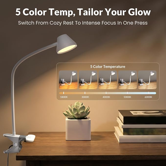 LEPOWER Clip on Light, Reading Lights for Books in Bed with 5 Colors & Stepless Dimming, RG0 Eye-Care, Auto Timer & Night Light, Strong Clamp for Headboard, Bedside, Desk, White