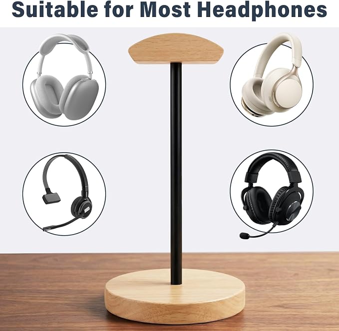 Wood & Metal Headphone Stand, Desktop Headset Holder with Stable Non-Slip Bamboo Base, Universal Headphone Hanger for Gaming Headsets, Office Desk, Home, Gift
