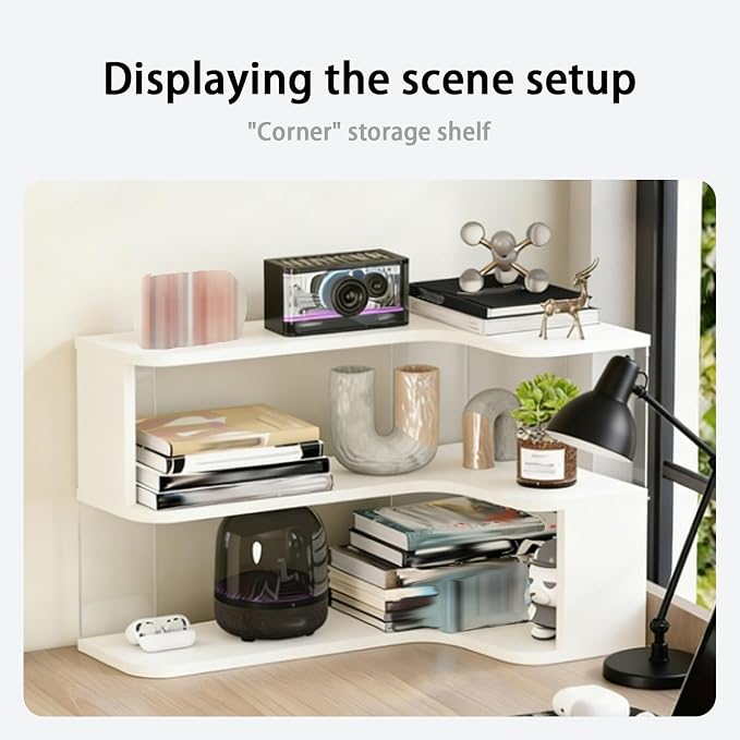 Desktop Organizer Shelf, Multi-Tier Space Saving Bookshelf with Corner Storage Design, Wooden Desk Rack, Countertop for Home Office Dorm(Black,19.6 * 11.8 * 11.8in)