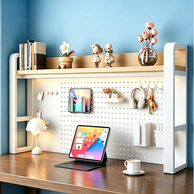 Desk Shelf Organizer with Pegboard & Storage Parts, 45kg Heavy Duty Desk Hutch, Desktop Storage Rack for Office & Home Office Shelves White Shelf/Natural Wood Board (2-Tier) 37.4×10×26"