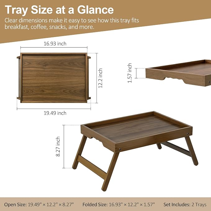 Large Breakfast Tray with Folding Legs Set of 2, 16.9" x 12.2" Bamboo Bed Tray Table with Ergonomic Wave Handles, Foldable TV Dinner Tray for Bed Couch Sofa, Breakfast, Laptop, Coffee, Walnut