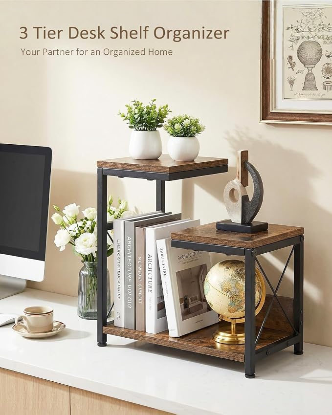 Desk Shelf Organizer, Small Desktop Bookshelf for Desk, Wood Table Top Shelves, Desktop Organizer Shelf for Office, Desk Decor, Nightstand, Home, Corner, 3 Tier Rustic Brown