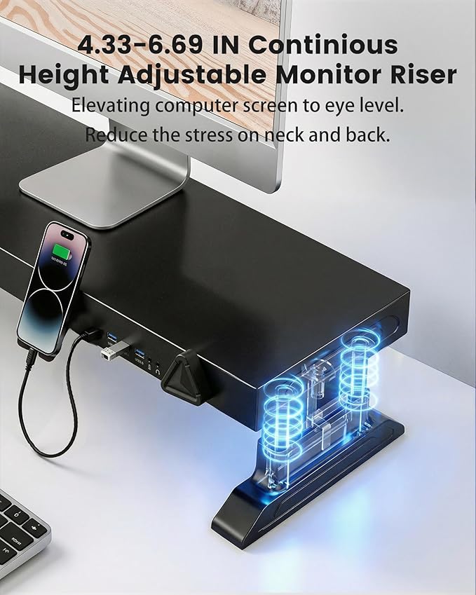 Height Adjustable Monitor Riser with 6-Port Hub – 37.6" Extra Wide Desk Stand for Dual Monitors, Continuous Height Adjustment 4.33–6.69" via Knob, USB-C Fast Charging, Carbon Steel Black